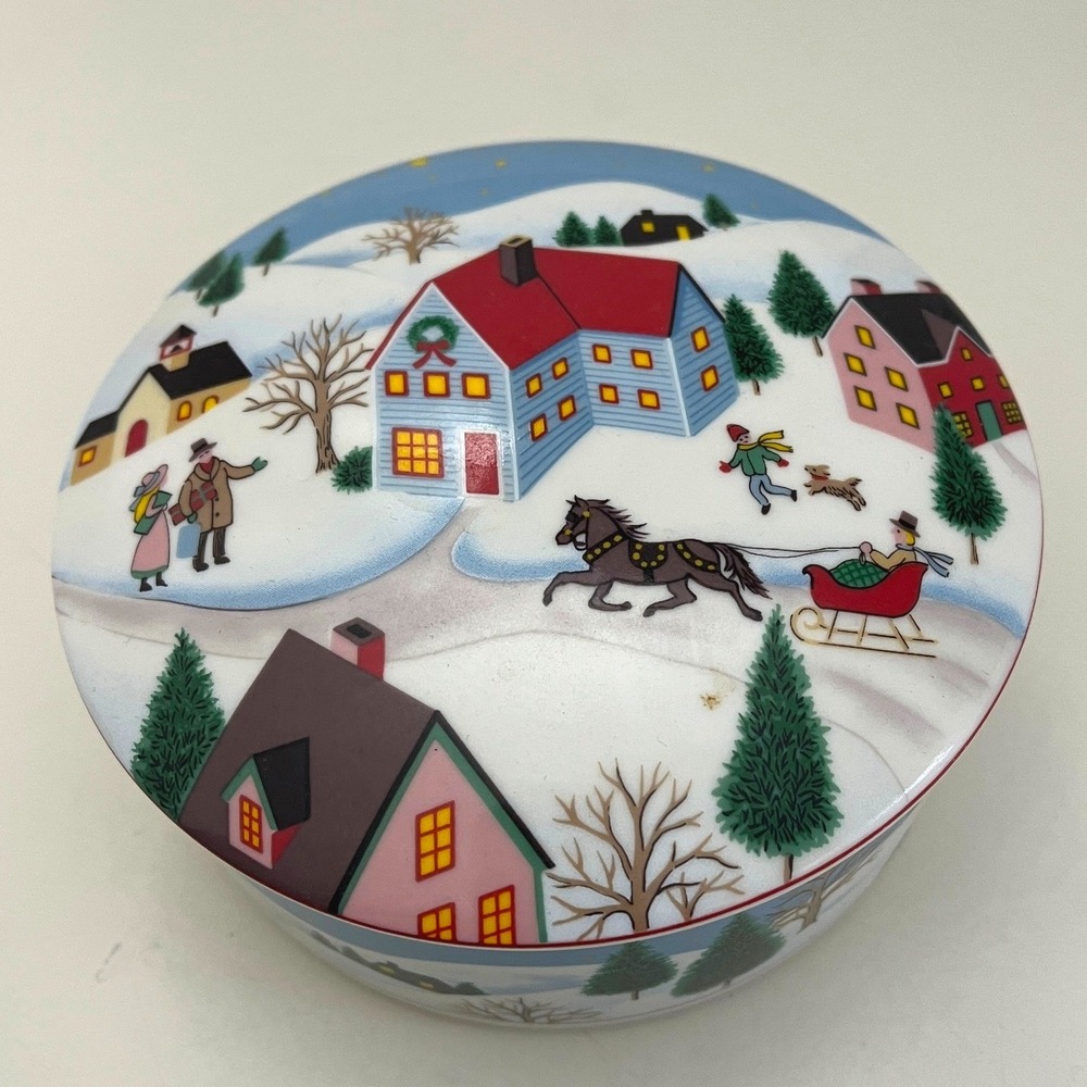 Mikasa Holiday Village Round Covered Trinket Box Candy Dish Christmas Japan